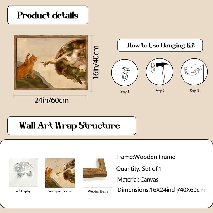 Funny Orange Cat Wall Art Creation of Adam and Cat Wall Decor Painting - Image 3