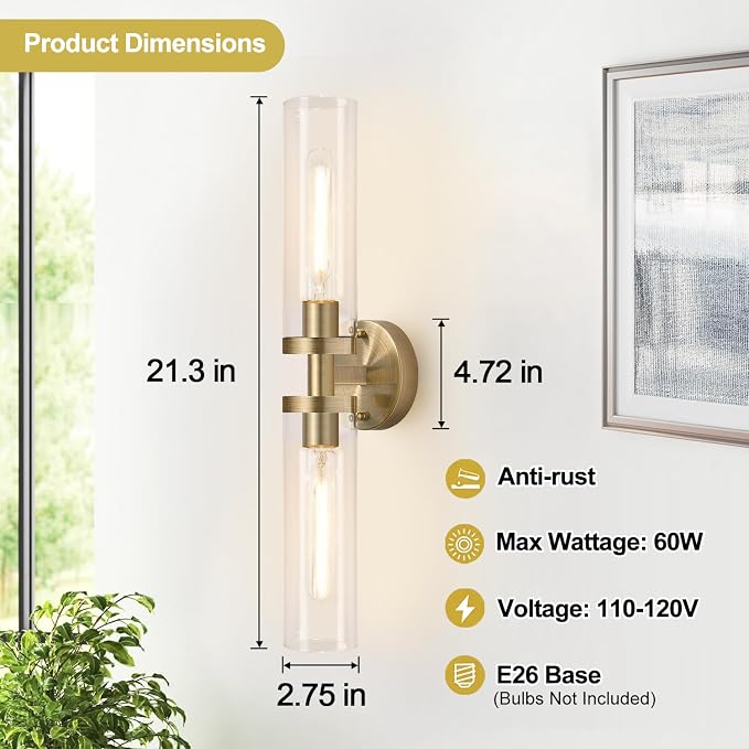 Wall Sconces Set of Two, Hardwired Brass Bathroom Sconces Wall Lighting - Image 4