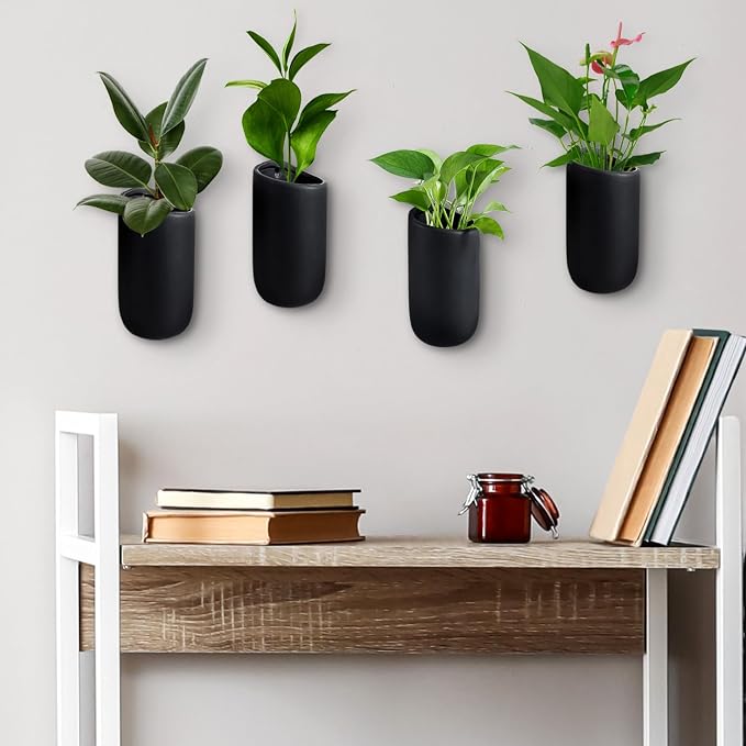 MyGift 7.5 Inch Wall Mounted Modern Matte Black Ceramic Cylindrical Plant - Image 4