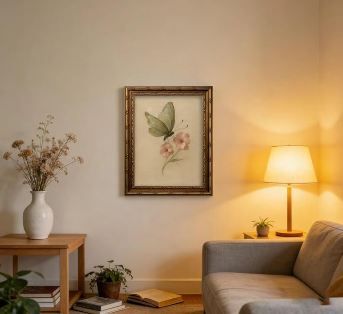 Vintage Gold Framed Wall Art, Retro Butterfly and Pink Flower Oil Painting - Image 8