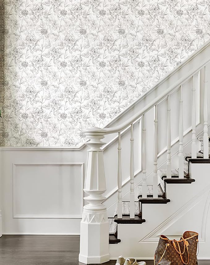 JiffDiff Floral Wallpaper Black & White Peel and Stick Vintage Peony Wall Paper - Image 6