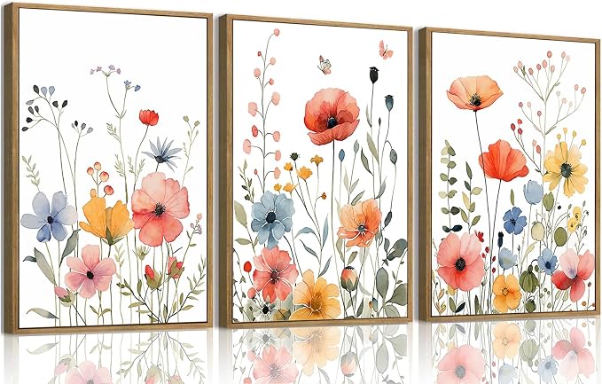KISSFOX Colorful Wildflower Canvas Wall Art Set Of 3 Flowers Pictures Prints by KISSFOX