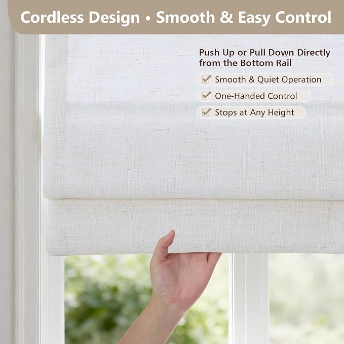 DEJAVU No Drill Cordless Blackout Roman Shades, Linen Textured Privacy Roman - Image 4