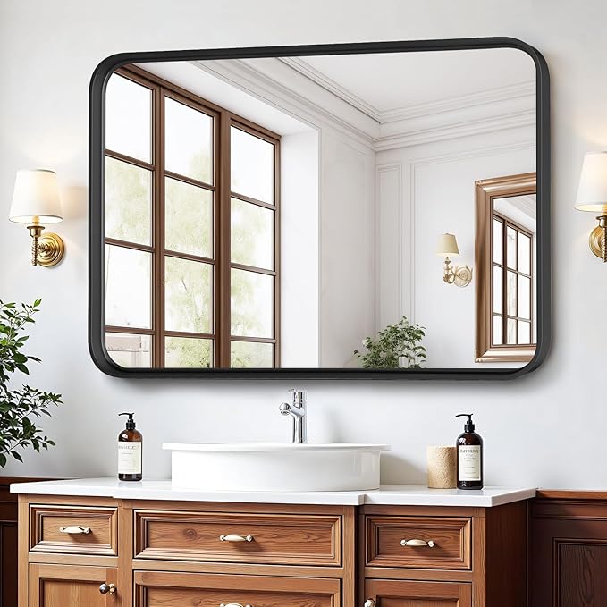 Bathroom Mirror for Wall, 36x24 Inch Rounded Rectangle Mirror, Tempered Glass - Image 2