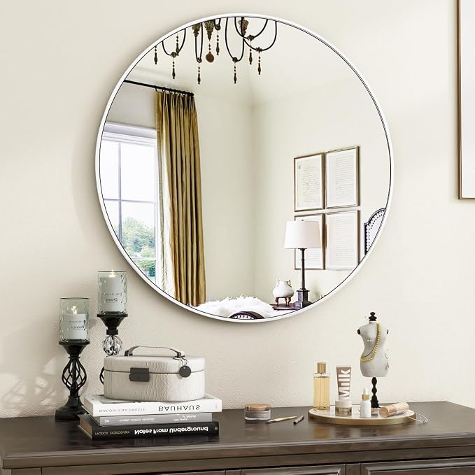VooBang White Round Bathroom Mirror, 24 inch Circle Wall Mounted Hanging Mirror - Image 7