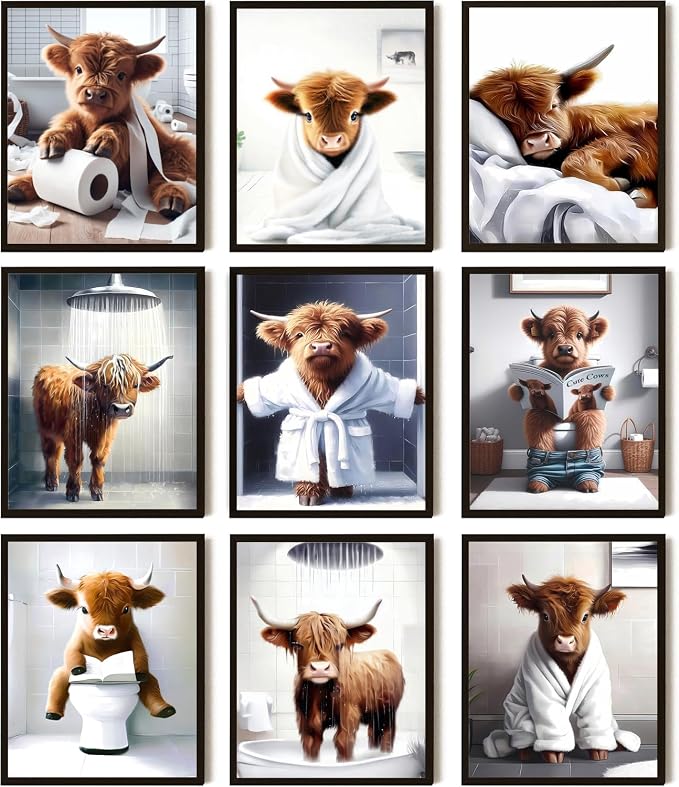 SEHSUVC Funny Bathroom Cow Posters Wall Art Set of 9, Vintage Brown Highland by Unknown
