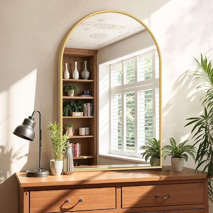 Bathroom Mirror for Wall, 36x24 Inch Arched Mirror, Matte Gold Metal Framed - Image 4