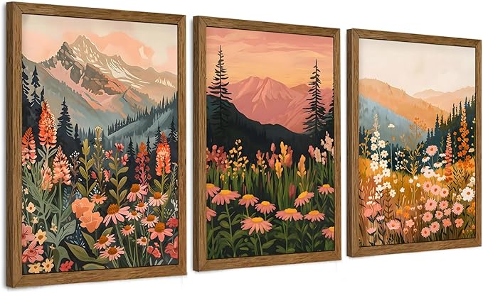 WRFON Botanical and Flower Canvas Wall Art, Framed Mountain Landscape Wall Art by Unknown