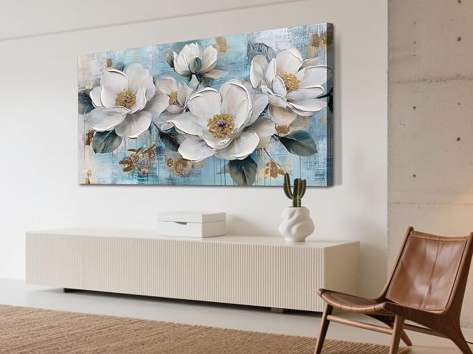 Ardemy Flower Wall Art for Living Room White Floral Canvas Art Wall Decor - Image 5