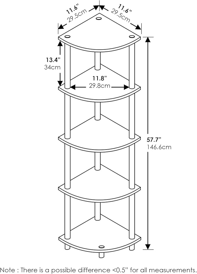Furinno TURN-N-TUBE Corner Shelf Set of 2, 5-Tier Corner Bookshelf, Open - Image 7