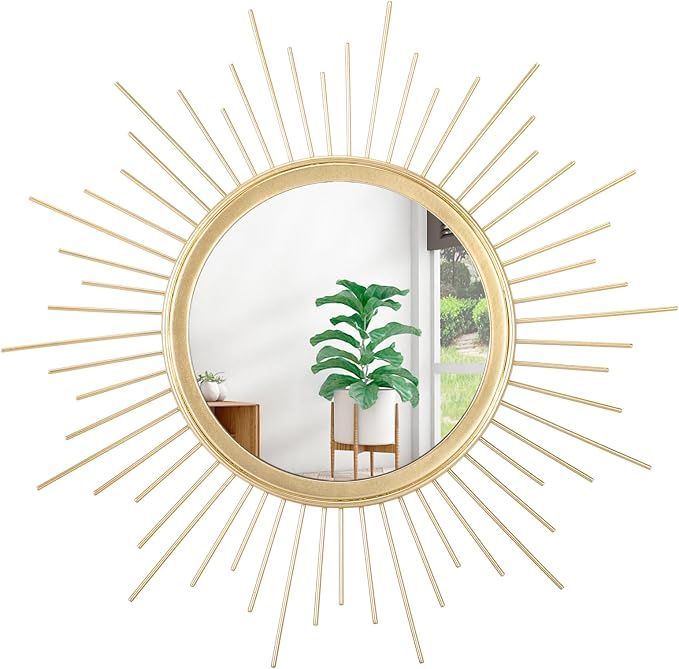 Large Gold Spoked Sunburst Wall Mirror Boho Home Decor Round Wall Art Mirror by HLFMVWE
