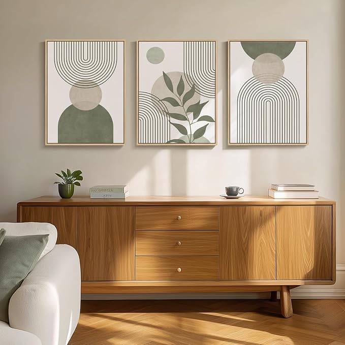 Framed Sage Green Boho Wall Art Bedroom, 3 Piece Beige Bohemian Canvas - Image 4