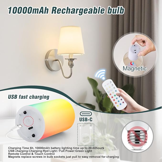 Battery Operated Wall Sconces set of Two, Rechargeable Wall Sconce - Image 5