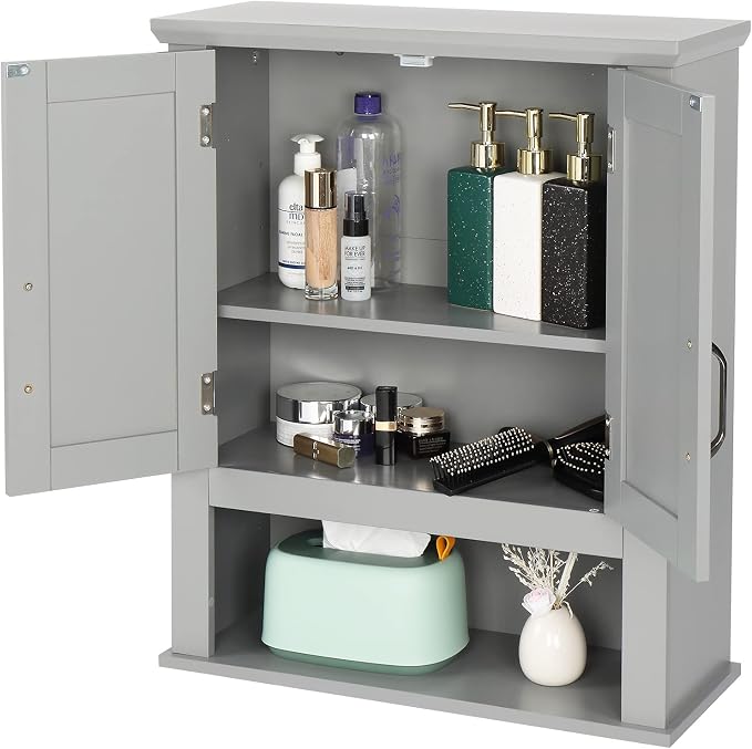 VINGLI Medecine Cabinet with 2 Doors Bathrooom Wall Cabinet Grey Over The - Image 4