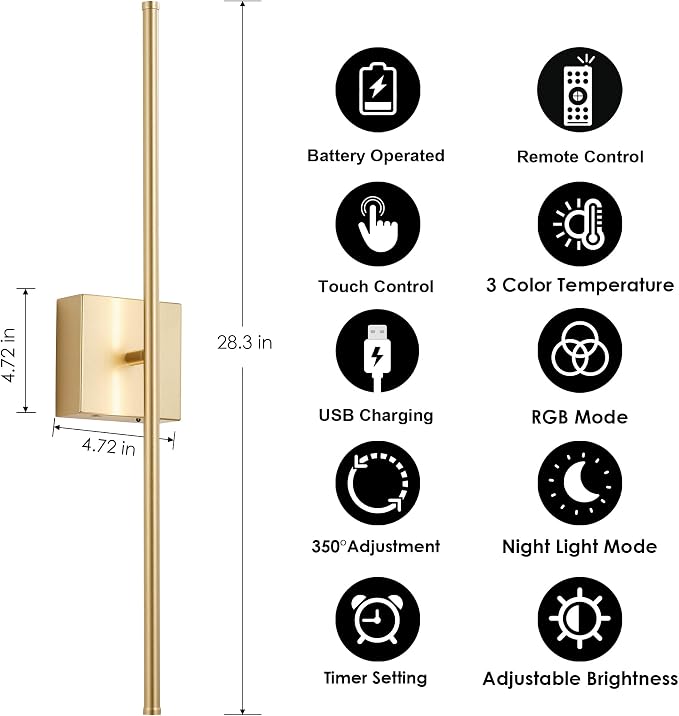 KARTOOSH 28.3 Inch 9 RGB Color Battery Operated Wireless Wall Sconces Set of Two - Image 5