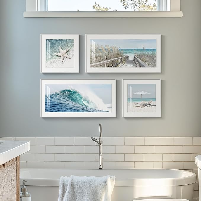 Framed Coastal Wall Art for Living Room, 4 Piece Beach Surf Ocean Artwork for - Image 4
