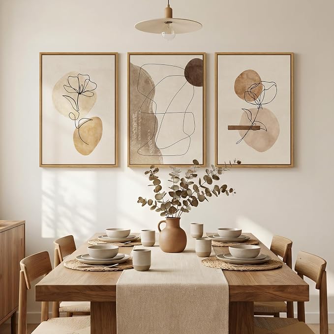 Framed Neutral Abstract Boho Wall Art Bedroom, 3 Piece Brown Black Botanical - Image 4