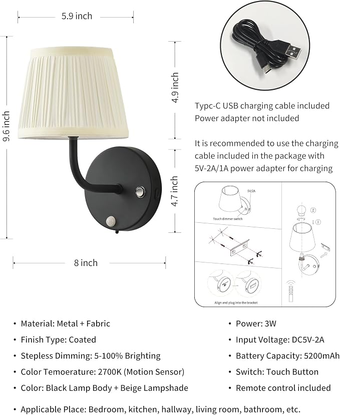 PUSU Motion Sensor Black H9.6 inch Small Wall Sconces Set of 2, LED Cordless - Image 5
