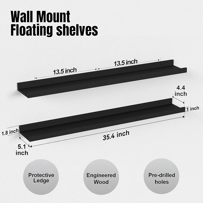 Boswillon 35.4 Inches Long Floating Shelves Wall Mounted, 2 Set Modern Black - Image 3