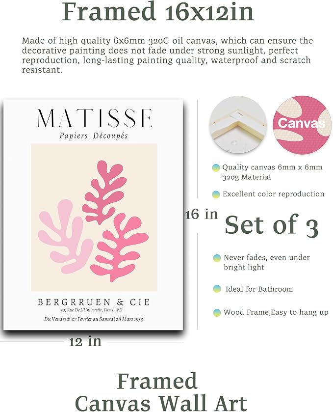 HesenDot Framed Matisse Pink Wall Art Set of 3, Minimalist Wall Decor, 12x16IN - Image 3