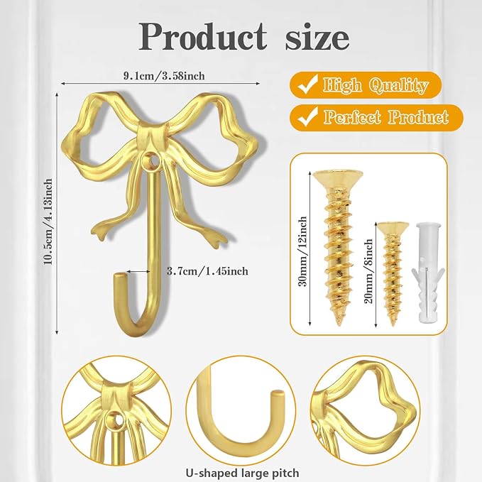 4 PCS Large Size Gold Bow Wall Hook, Metal Hooks, Bow Room Decor Hooks - Image 2
