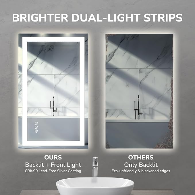 USHOWER LED Bathroom Mirror 20x28 Inch Tempered Glass - Image 5