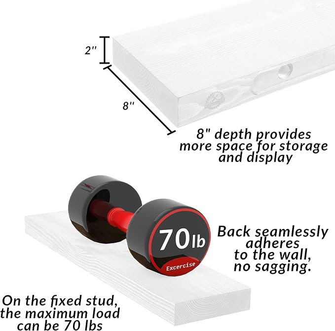 60 inch White Floating Shelves for Wall 8 -inch deep Set of 2, Heavy Duty Solid - Image 5