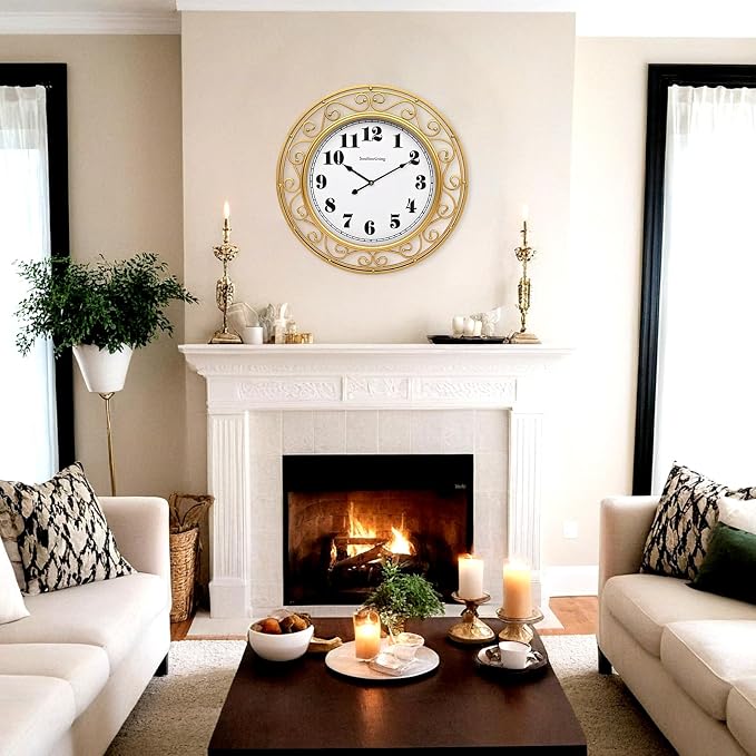 SwallowLiving 24 Inch Vintage Iron Large Metal Frame Gold Wall Clock Silent - Image 7