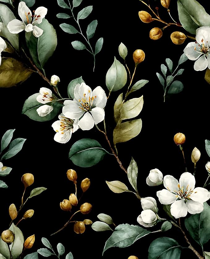 Black Floral Wallpaper Peel and Stick, Vintage Dark Green Leaves by VOLEAARWALLPAPER