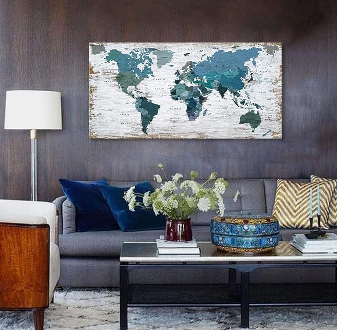 lagre Teal Decor 36inchx71inch World Map Canvas Wall Art Pictures - Image 2