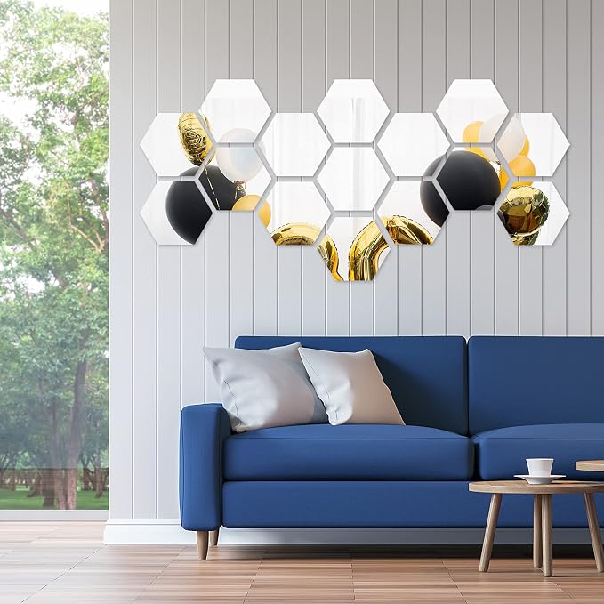Shappy 32 Pcs Hexagon Mirror Wall Stickers Removable Silver Acrylic Mirror by Shappy