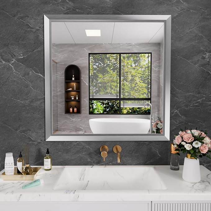 Amorho 36x36 Inch Bathroom Mirror Silver, Thick Metal Framed Wall Mirrors by Amorho