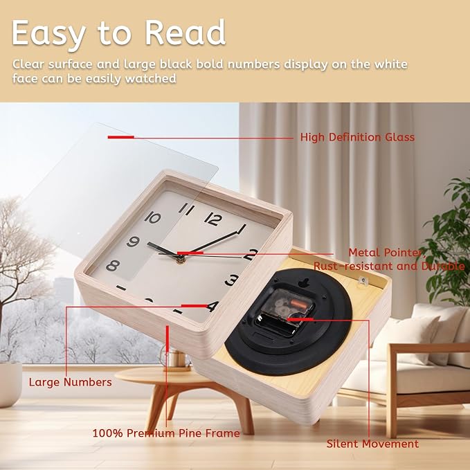 Maxspace Wooden Wall Clock, 8 Inch Non-Ticking Silent Square Wall Clock - Image 3