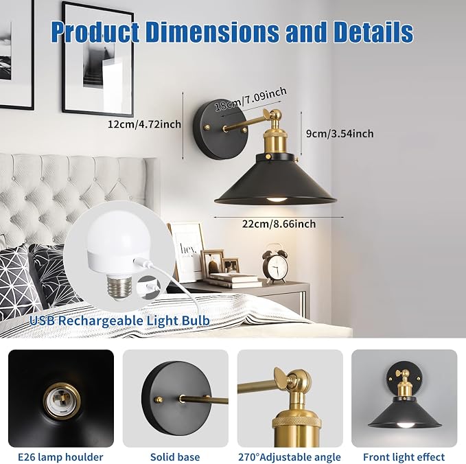 Bailoch Black & Gold Vintage Rechargeable Battery Operated Wall Sconces - Image 2