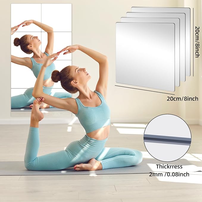 Stick on Small Mirror for Wall Decor, 4 Pack 13.8”x13.8” Acrylic Mirror Tiles - Image 4