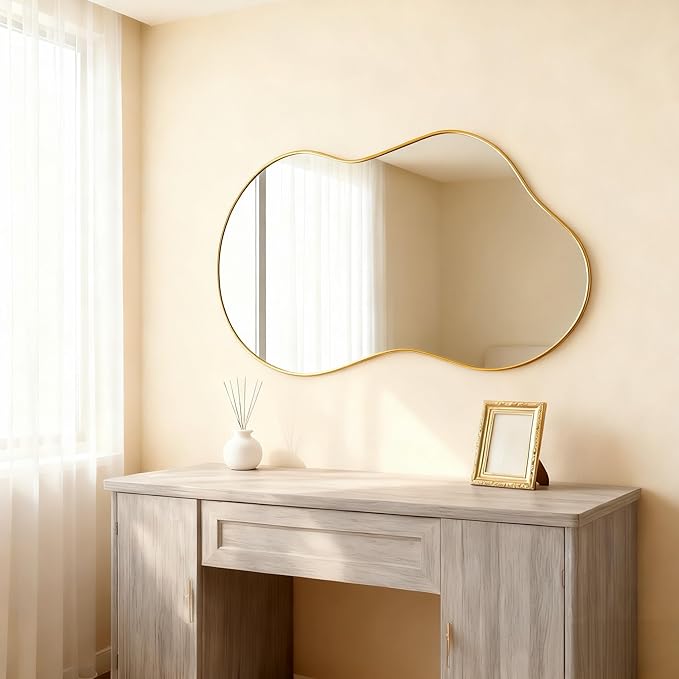Itrue 26×46 Inch Gold Framed Irregular Tempered Glass Wall Mirror, Asymmetrical by Villacola