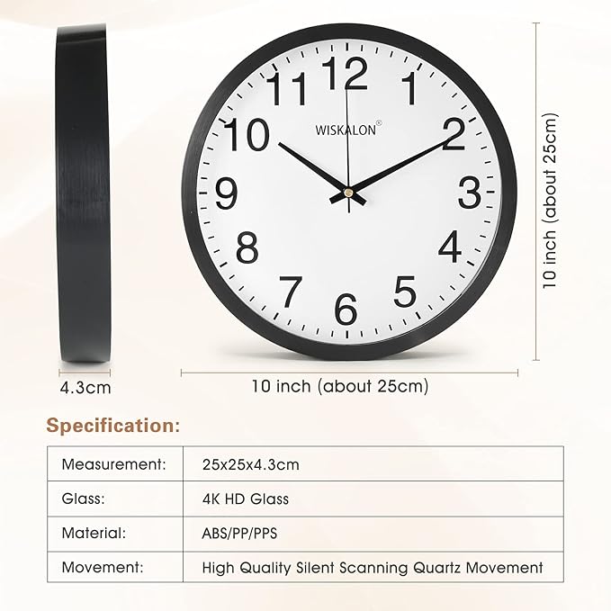 WISKALON 10 inch Silent Non-Ticking Elegant Black Frame Wall Clock, Classic - Image 6