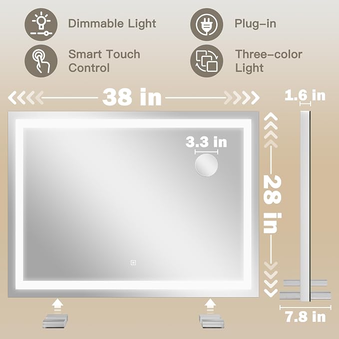 ROLOVE 38"x28" Inch Large Lighted Vanity Mirror, 3-Color Lighting & Dimmable - Image 2