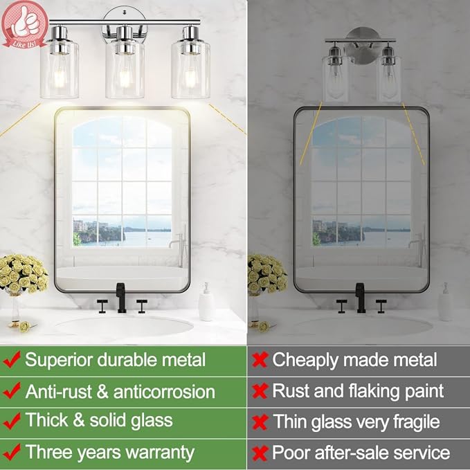 Zarbitta 3-Light Bathroom Light Fixtures, Chrome Bathroom Wall Light - Image 3