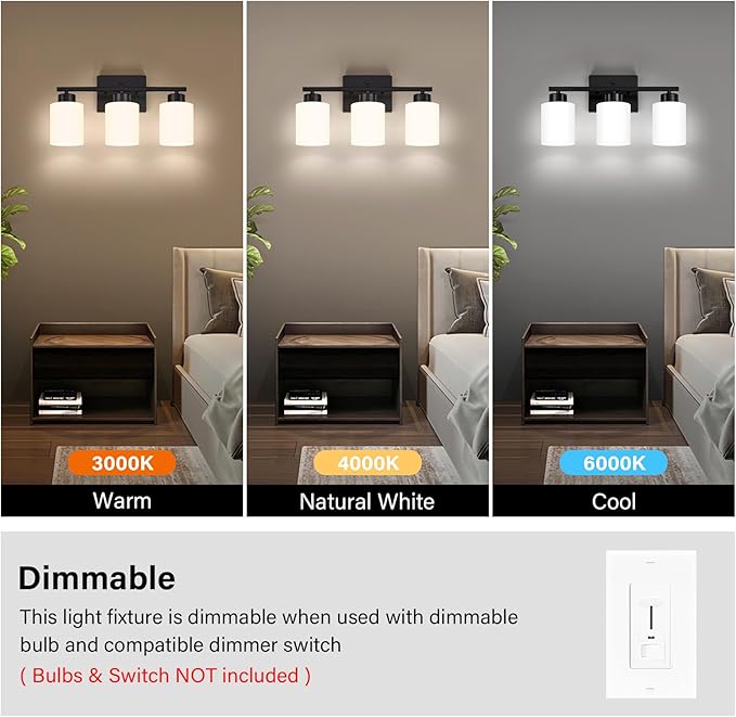 FonmYim Black Bathroom Light Fixtures, 3-Light Modern Vanity Light Over Mirror - Image 6