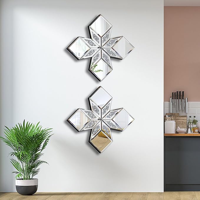 Crushed Diamond Decorative Mirror 2 Pack 16.75x16.75” Diamond Shape Glass Decor - Image 5