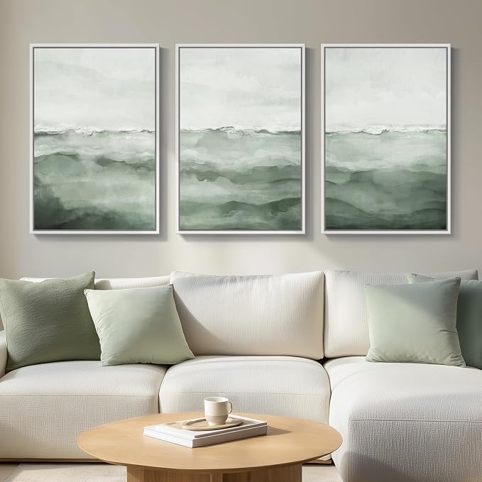 Large Framed Sage Green Abstract Landscape Wall Art by Cuspin