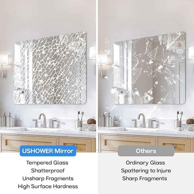 USHOWER 40x30 Inch Large Frameless Bathroom Mirror, Rectangle Wall Vanity Mirror - Image 3