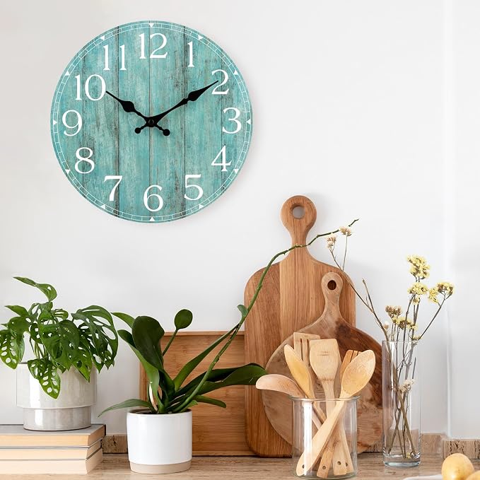 Wall Clock, Teal Silent Non-Ticking Battery Operated, Kitchen Rustic Vintage - Image 6