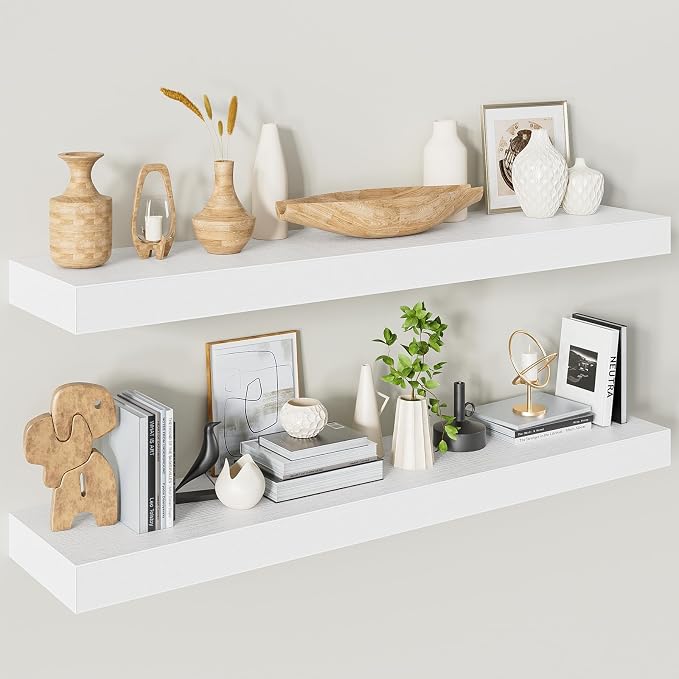 40 Inches Floating Shelves for Wall, 9.3" Deep White Long Floating Shelves Set by Heimlove