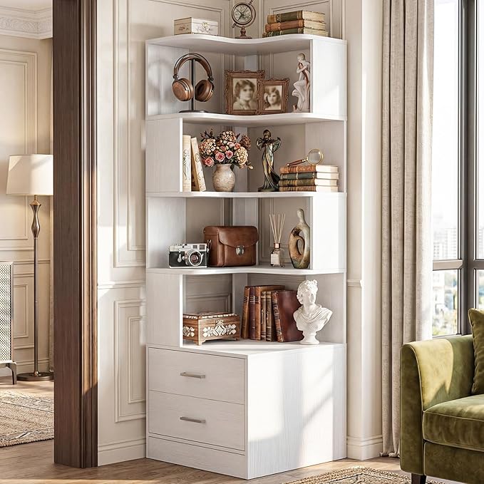 Armocity Corner Bookshelf with Drawers, 7 Tier Corner Book Shelf Display by Armocity