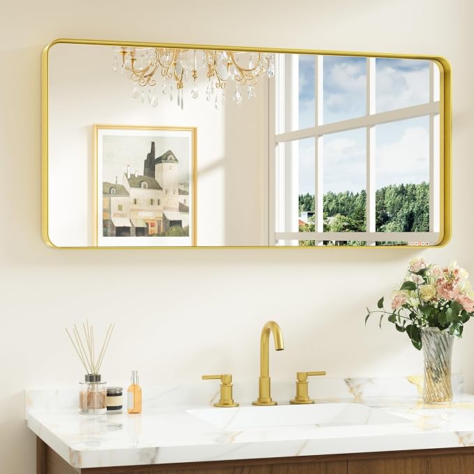 Keonjinn Gold Bathroom Mirrors for Wall 42” x 20” Large Rounded Rectangle Gold by Keonjinn