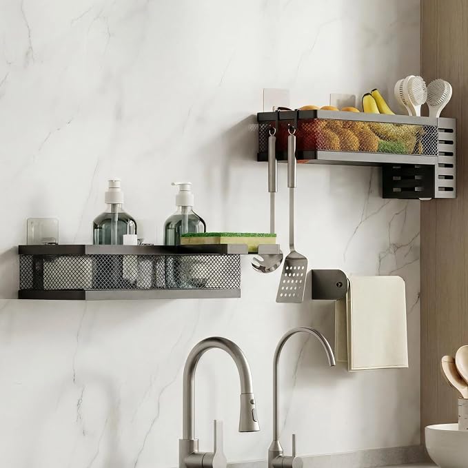 PUSDON 5-in-1 Wide Wall Mount Wrapped Mesh Kitchen Organizer & Shower Caddy Kit - Image 9
