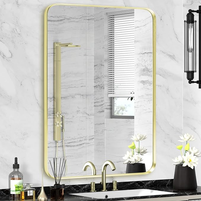 Wall Mount Mirror for Bathroom, Brushed Gold Metal Framed Rounded Corner by Minuover
