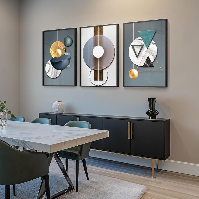 Large Framed Modern Luxury Abstract Wall Art, 3 Piece Blue-Green Prints - Image 2